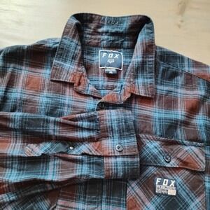 Fox Head Racing Flannel Shirt Mens XL Blue Red Plaid Button Up Long Sleeve